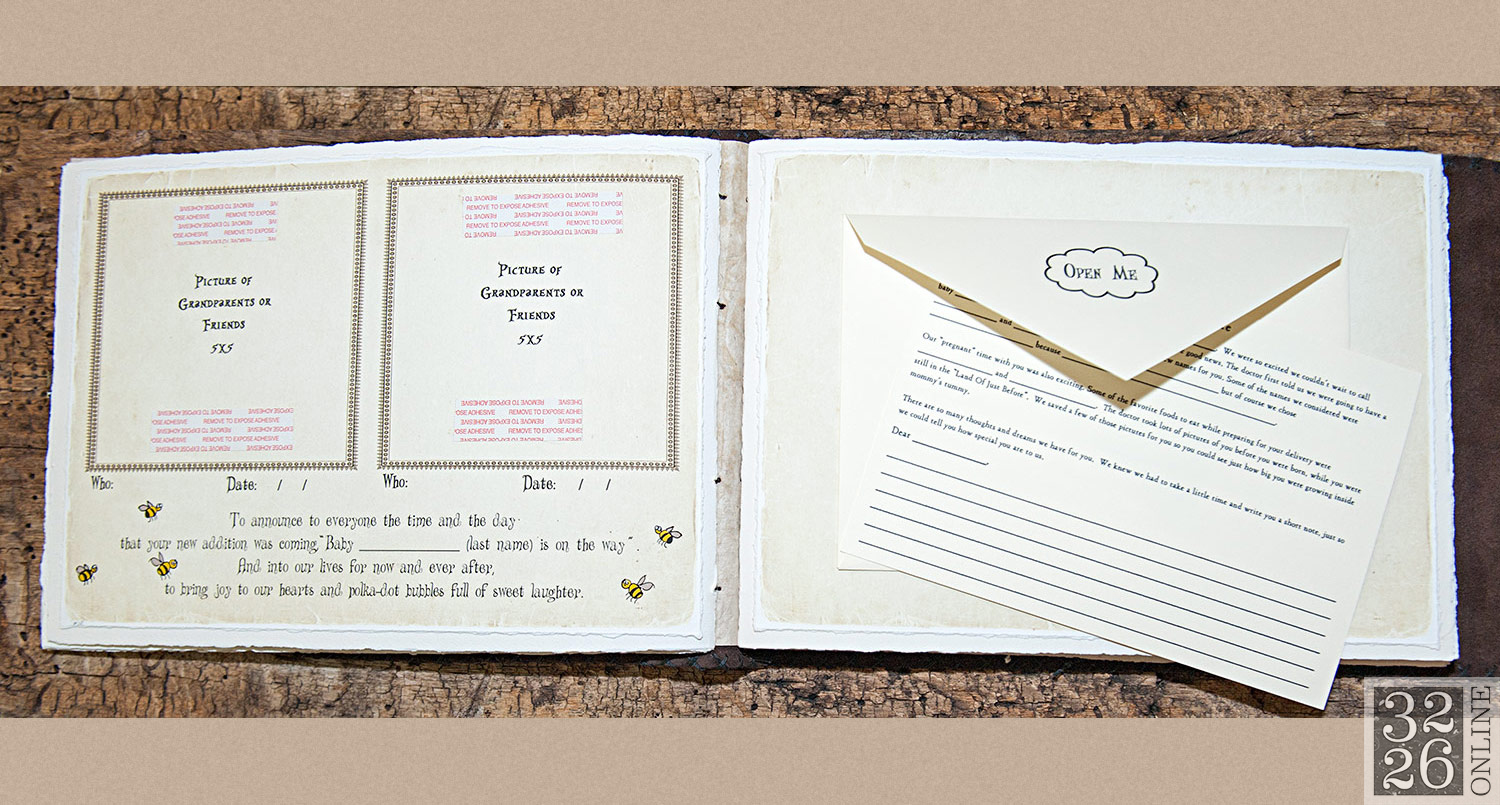 © 3226 Online, LLC, Sara Weinberger. All rights reserved. 3226 Art - Bound By Sara - Sara Weinberger - The Ultimate Baby Book. Handcrafted leather baby album, unique baby gift, baby photo album, baby gift