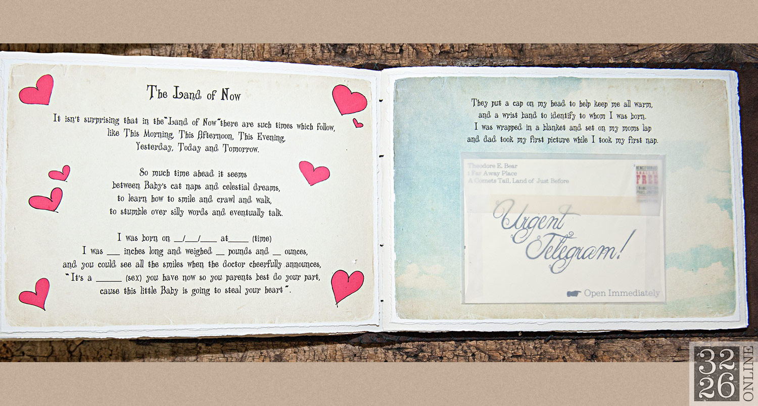 © 3226 Online, LLC, Sara Weinberger. All rights reserved. 3226 Art - Bound By Sara - Sara Weinberger - The Ultimate Baby Book. Handcrafted leather baby album, unique baby gift, baby photo album, baby gift