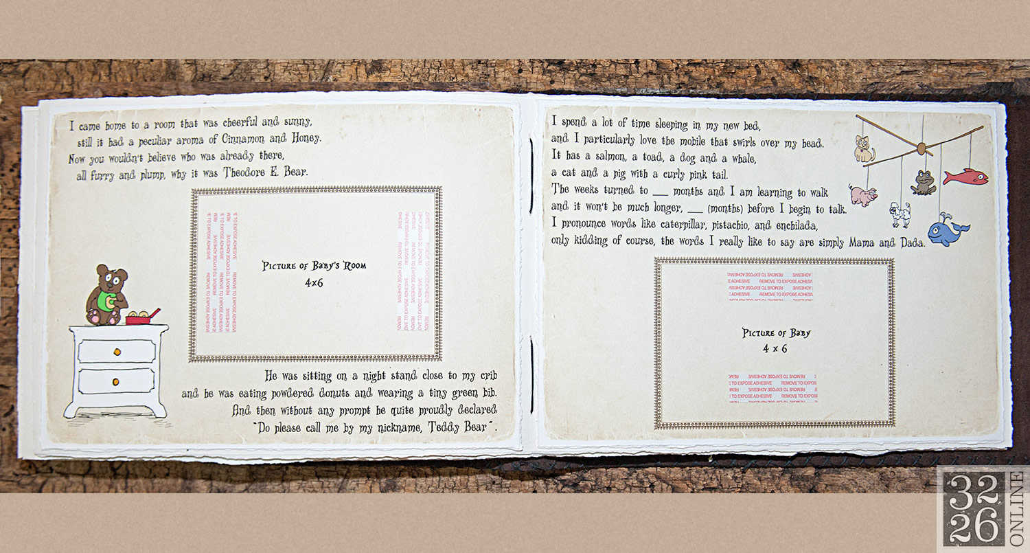 © 3226 Online, LLC, Sara Weinberger. All rights reserved. 3226 Art - Bound By Sara - Sara Weinberger - The Ultimate Baby Book. Handcrafted leather baby album, unique baby gift, baby photo album, baby gift