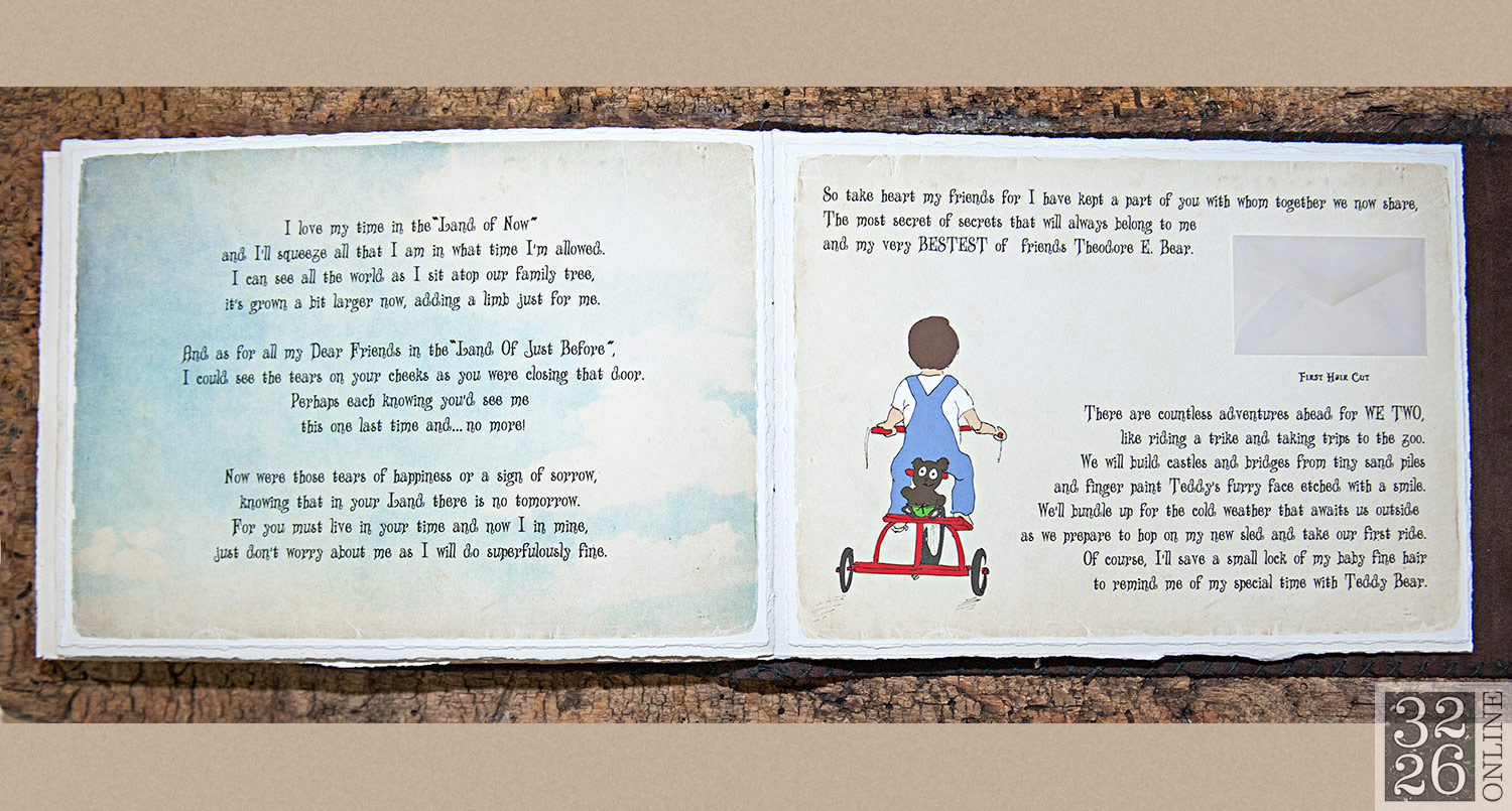 © 3226 Online, LLC, Sara Weinberger. All rights reserved. 3226 Art - Bound By Sara - Sara Weinberger - The Ultimate Baby Book. Handcrafted leather baby album, unique baby gift, baby photo album, baby gift